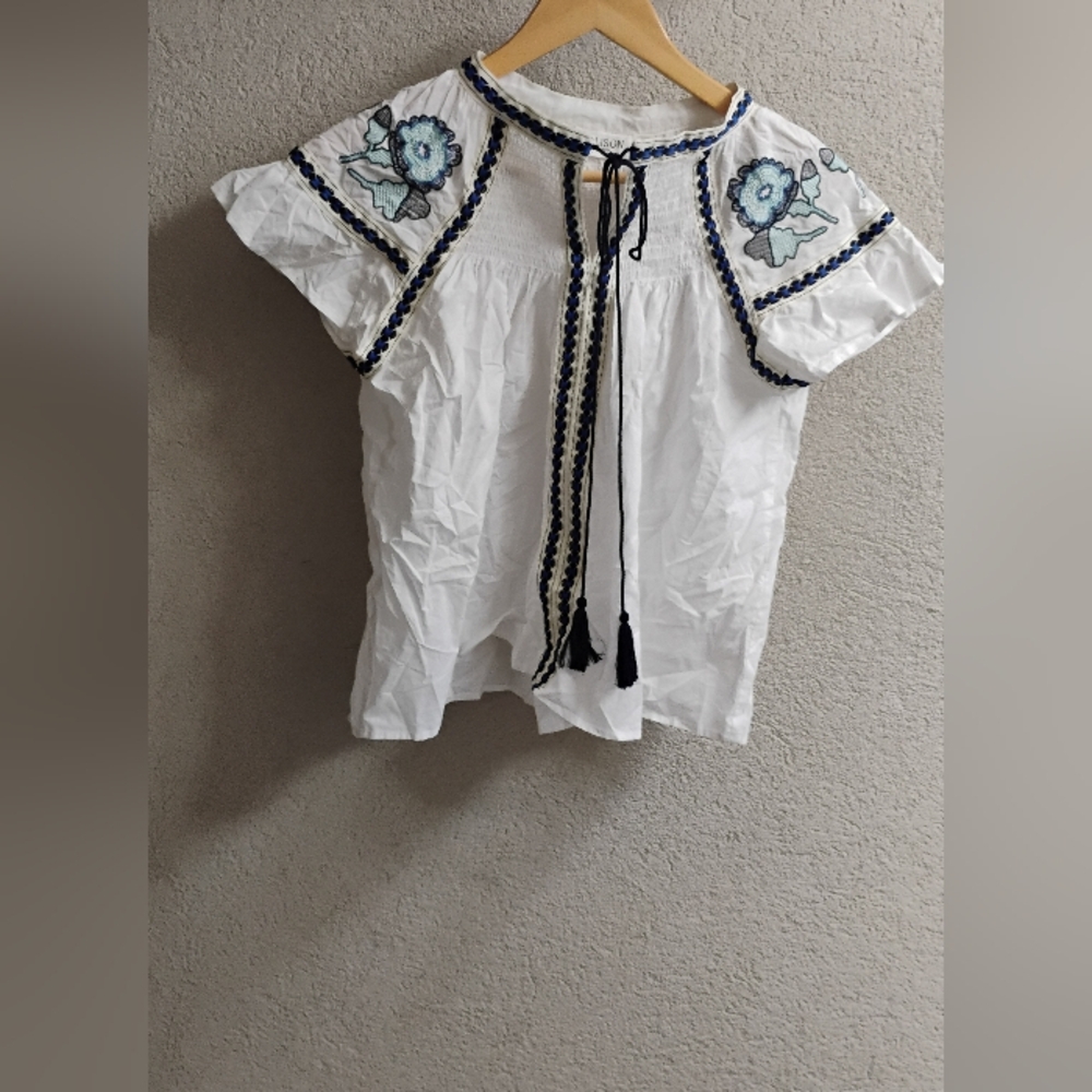 Allison New York Smocked Embroidered Front Tie Peasant Blouse Top Sz S